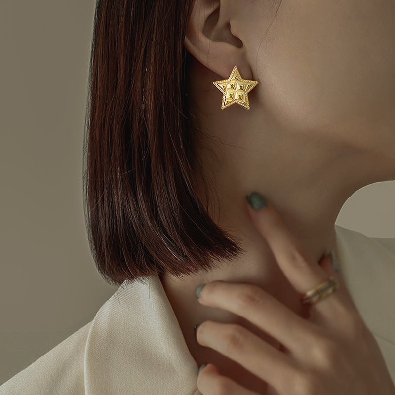 Stainless Steel Quilted Star Stud Earrings