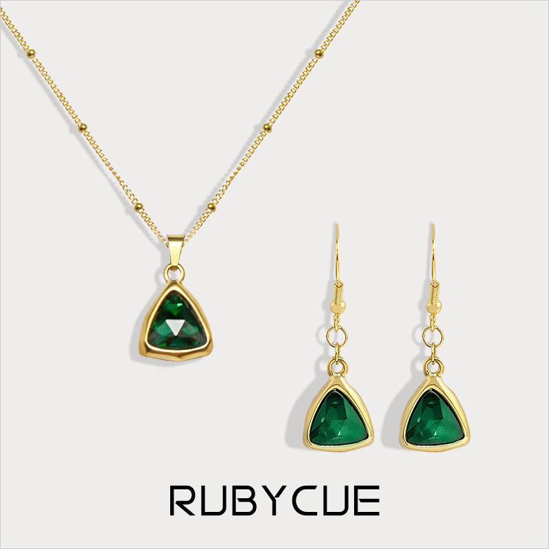 18K Gold Plated Surgical Steel & Crystal Ruby/Emerald Triangle Earrings/Necklace/Set