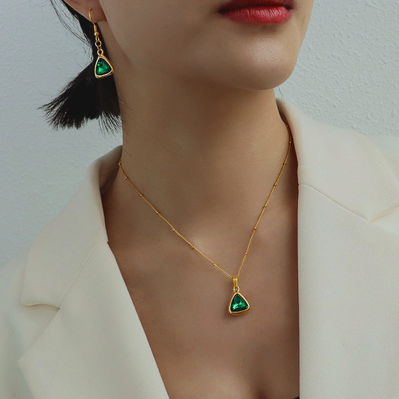 18K Gold Plated Surgical Steel & Crystal Ruby/Emerald Triangle Earrings/Necklace/Set