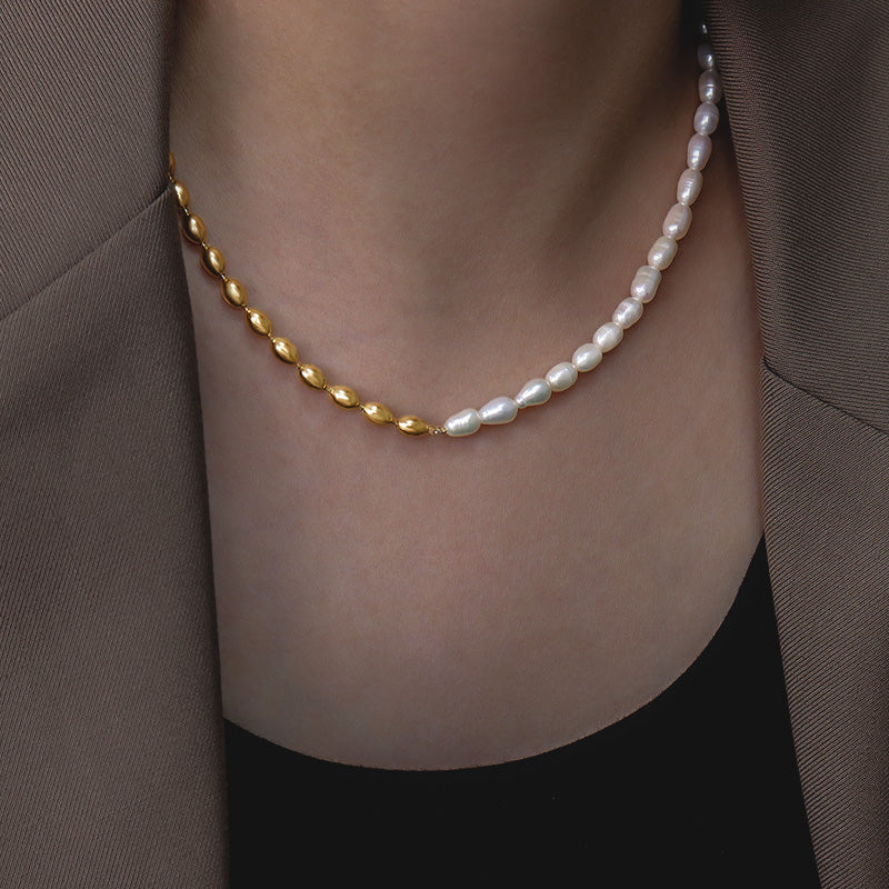 18K Gold Plated Surgical Steel & Freshwater Pearl Half Chain Half Pearl Necklace