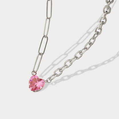 Stainless Steel Link Chain With Heart Shaped Pink Cubic Zirconia Pendant Pop Necklace