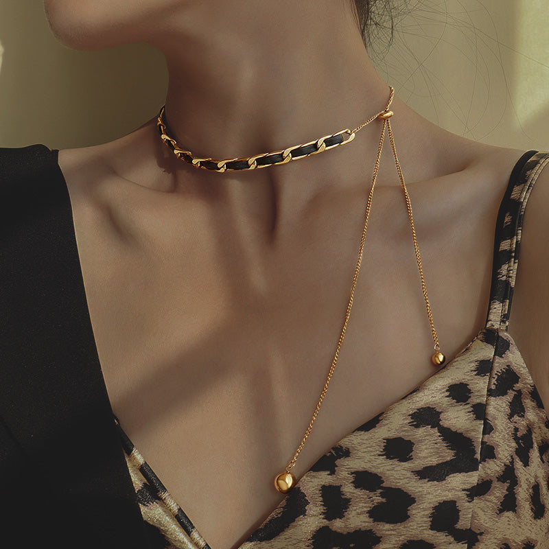 Stainless Steel Convertible Chain & Leather Slider Choker/Long Necklace