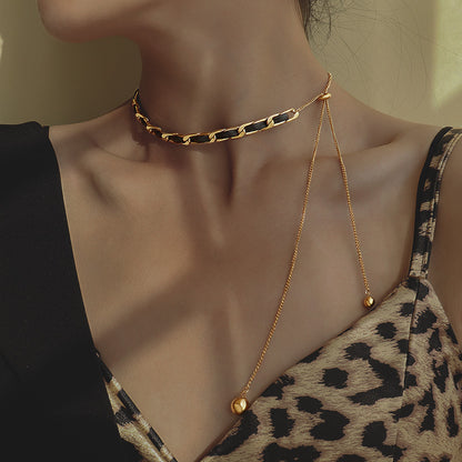 Stainless Steel Convertible Chain & Leather Slider Choker/Long Necklace