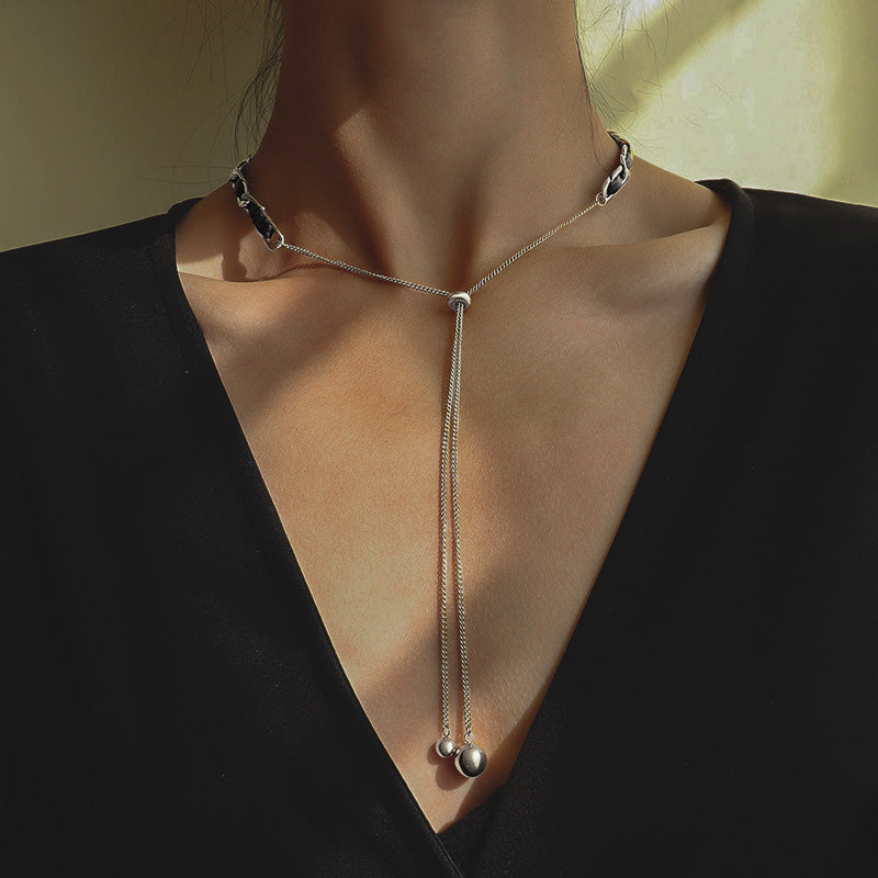 Stainless Steel Convertible Chain & Leather Slider Choker/Long Necklace