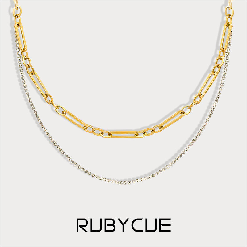 18K Gold Plated Surgical Steel & Cubic Zirconia 2-Row Layered Figaro Chain Necklace