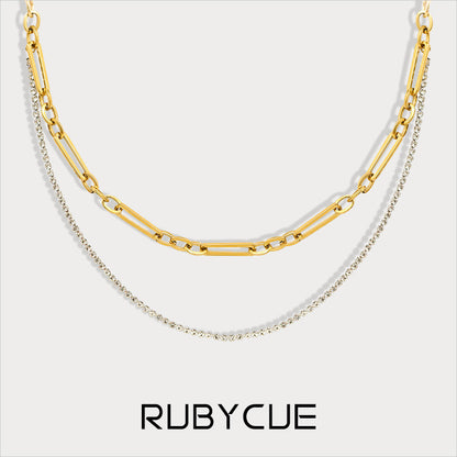 18K Gold Plated Surgical Steel & Cubic Zirconia 2-Row Layered Figaro Chain Necklace