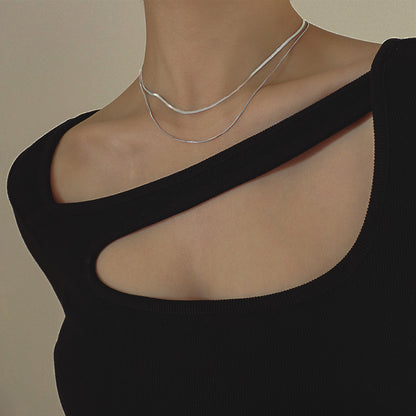 Stainless Steel Flat & Round Snake Chain 2-Row Layered Necklace