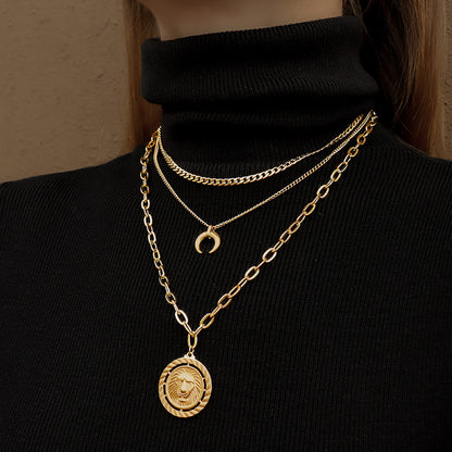 18K Gold Plated Surgical Steel Horn Pendant & Lion Disc 3-Row Chain Layered Necklace