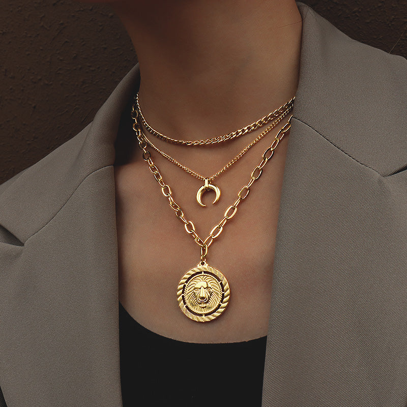 18K Gold Plated Surgical Steel Horn Pendant & Lion Disc 3-Row Chain Layered Necklace