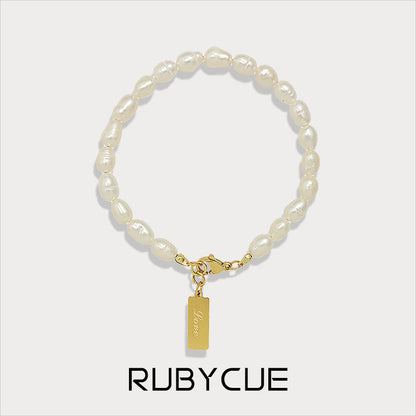 18K Gold Plated Surgical Steel & Freshwater Pearl Love Tag Bracelet