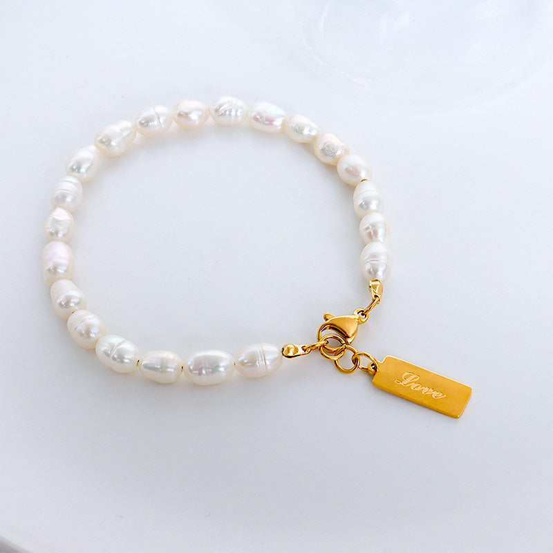 18K Gold Plated Surgical Steel & Freshwater Pearl Love Tag Bracelet