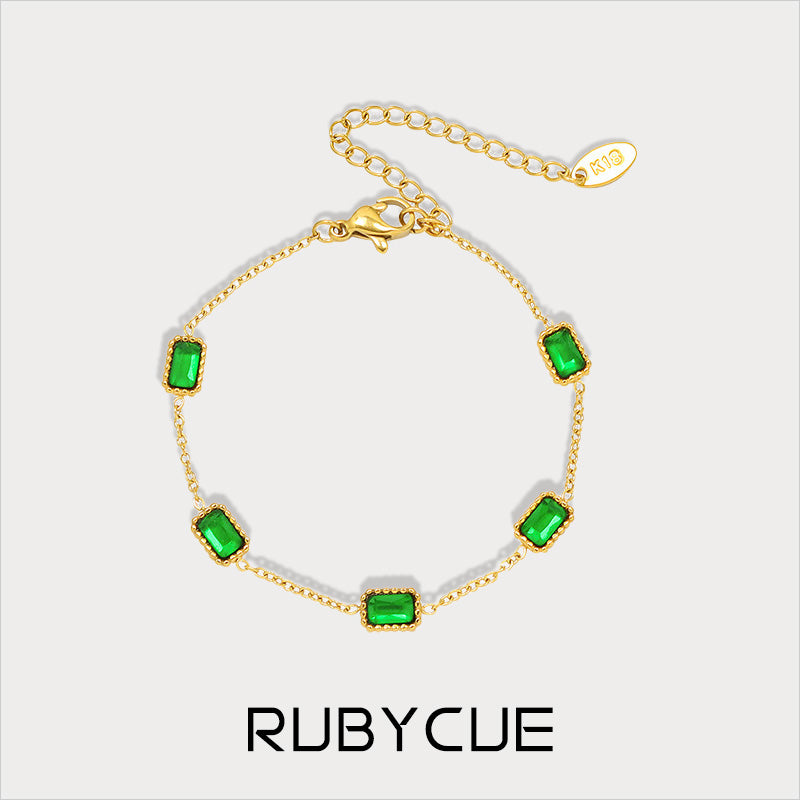 18K Gold Plated Surgical Steel Baguette Emerald Cubic Zirconia Station Bracelet