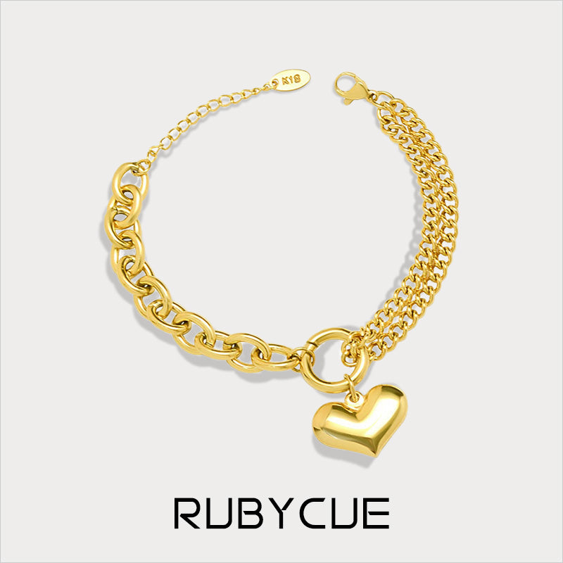 Stainless Steel Layered Link Chain Heart Charm Bracelet