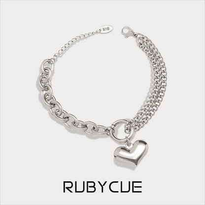 Stainless Steel Layered Link Chain Heart Charm Bracelet