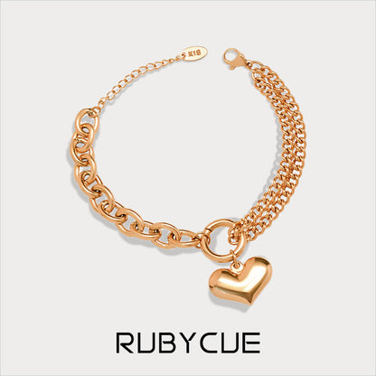 Stainless Steel Layered Link Chain Heart Charm Bracelet