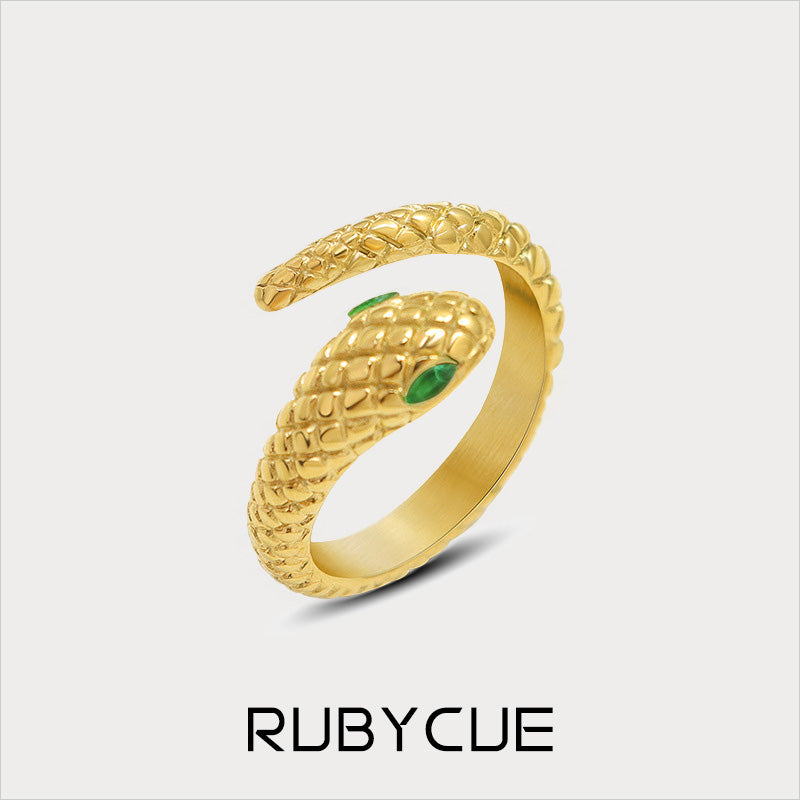 Stainless Steel Emerald Cubic Zirconia Eye Snake Open Ring