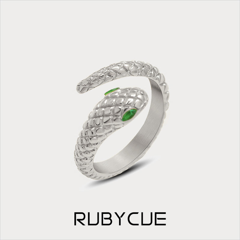 Stainless Steel Emerald Cubic Zirconia Eye Snake Open Ring