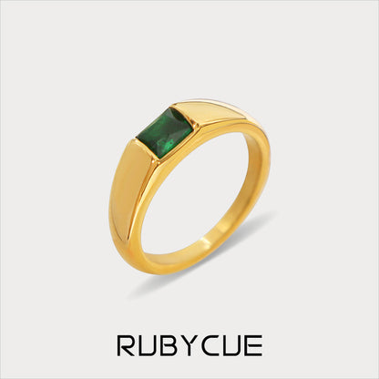 Stainless Steel Minimalist Unisex Ring With Baguette Emerald Cubic Zircon