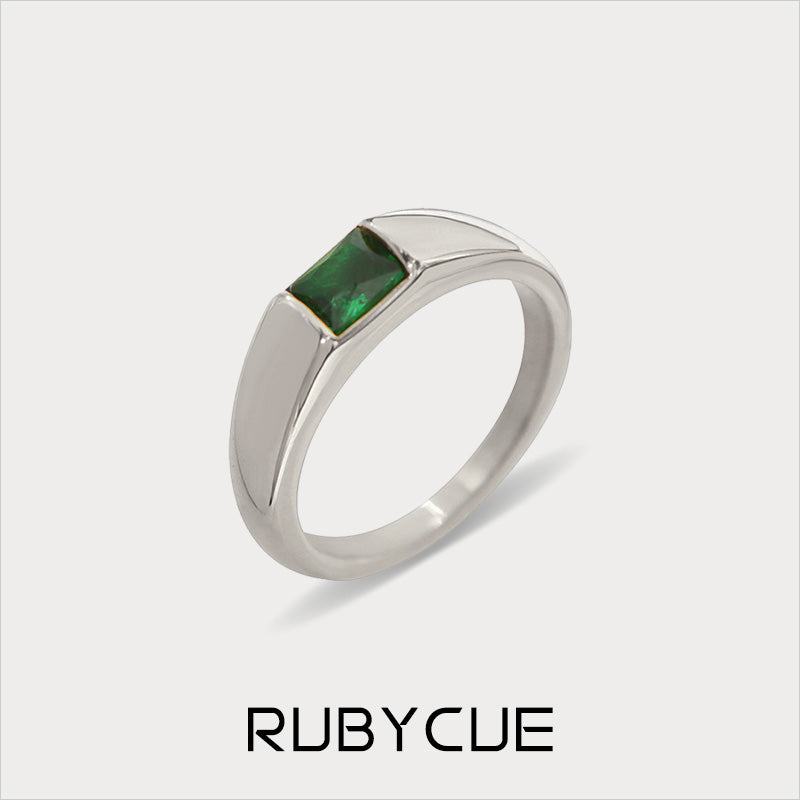 Stainless Steel Minimalist Unisex Ring With Baguette Emerald Cubic Zircon