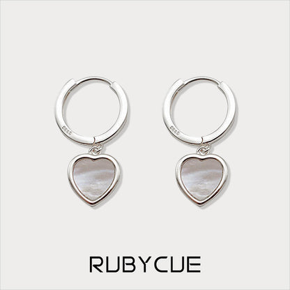 Sterling Silver & Mother-Of-Pearl Dangling Heart Huggie Hoop Earrings