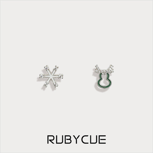 Sterling Silver & Cubic Zirconia Mismatched Christmas Enamel Stud Earrings