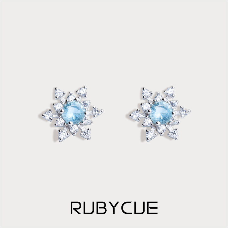 Sterling Silver Aqua Cubic Zirconia Snowflake Stud Earrings