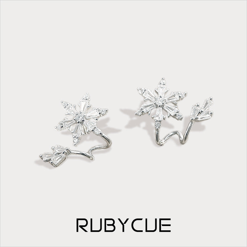 Sterling Silver Cubic Zirconia Snowflake & Ice Pillar Huggie Stud Earrings