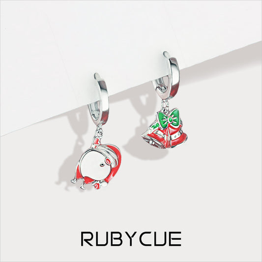 Sterling Silver Enamel Christmas Jingle Bells & Santa Drops Huggie Hoop Earrings