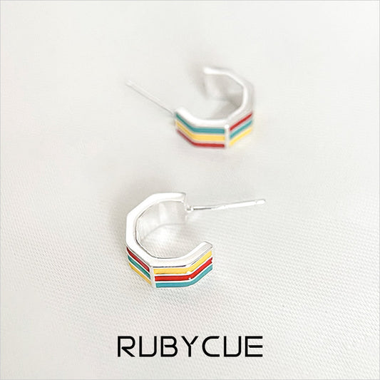 Sterling Silver Enamelled Rainbow Huggie C Hoop Earrings