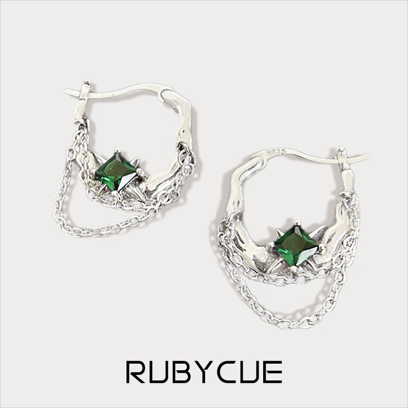 Antique Sterling Silver & Emerald Cubic Zirconia Hoop Earrings With Chain