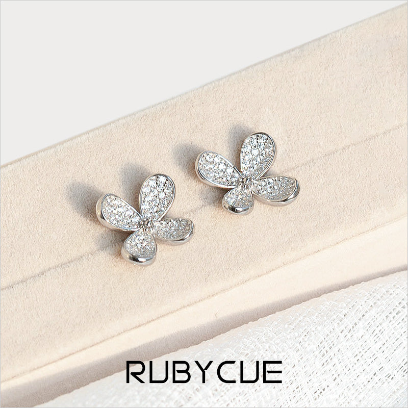 Sterling Silver & Cubic Zirconia Four Petal Flower Cluster Stud Earrings