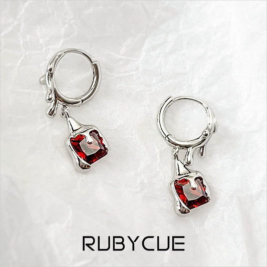 Sterling Silver Melting Huggie Hoop Earrings With Ruby Cubic Zirconia Drops