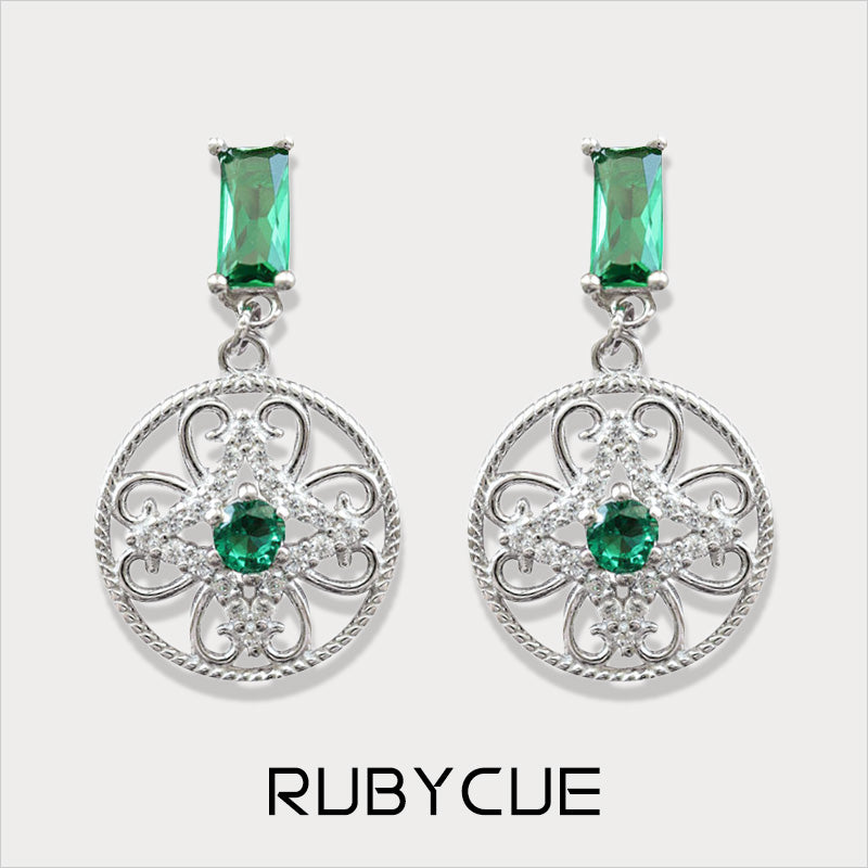 Sterling Silver & Emerald Cubic Zirconia Vintage Cutout Disc Drop Earrings