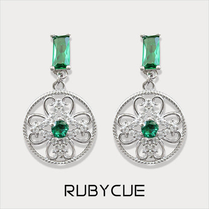 Sterling Silver & Emerald Cubic Zirconia Vintage Cutout Disc Drop Earrings