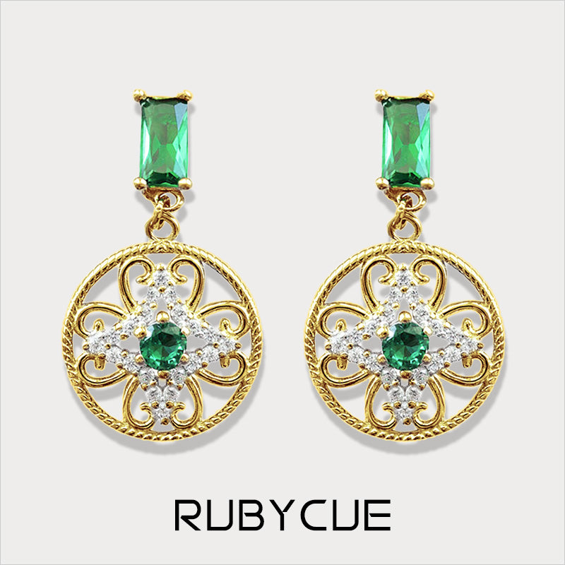 Sterling Silver & Emerald Cubic Zirconia Vintage Cutout Disc Drop Earrings