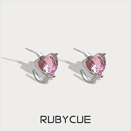 Sterling Silver & Cubic Zirconia Pink Heart C Hoop Stud Earrings