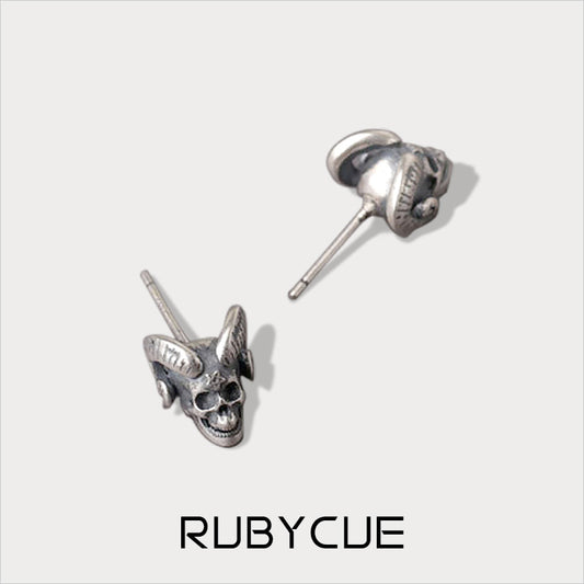 Antique Sterling Silver Devil Skull Stud Earrings