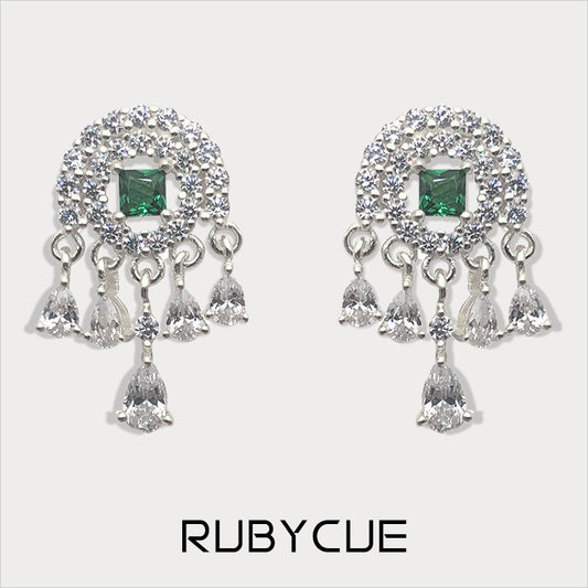 Sterling Silver Emerald & Cluster Cubic Zirconia Vintage Dangle Stud Earrings