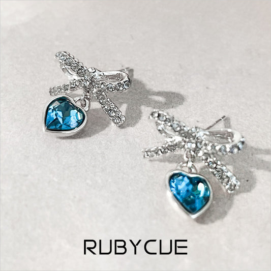 Sterling Silver Diamante Bow with Ocean Blue Heart Drop Earrings