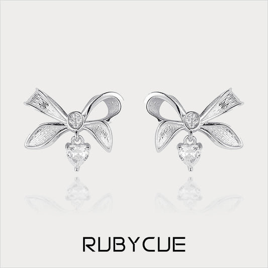 Sterling Silver & Cubic Zirconia Textured Bow With Heart Drop Stud Earrings