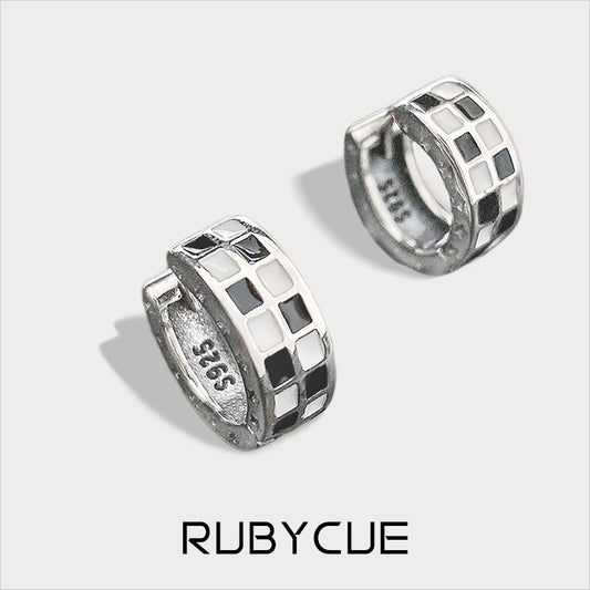 Sterling Silver Black & White Checkered Enamel Huggie Hoop Earrings