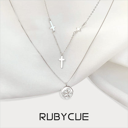 Unisex Sterling Silver Cross And Angel Hug Disc 2-Row Layered Necklace