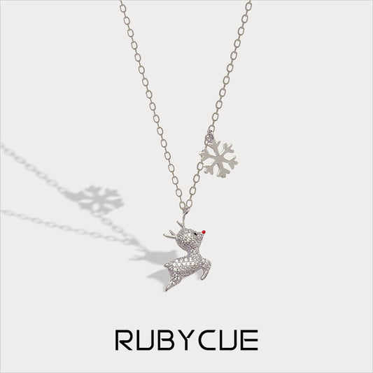 Sterling Silver Snowflake And Diamante Cluster Christmas Reindeer Pendant Necklace