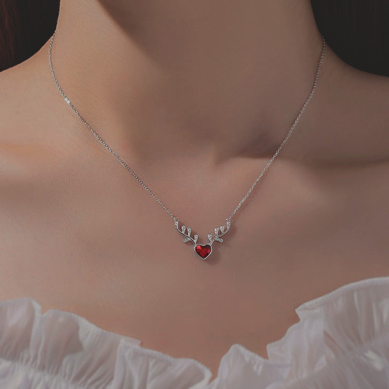 Crystal Red Heart With Antlers Sterling Silver Necklace