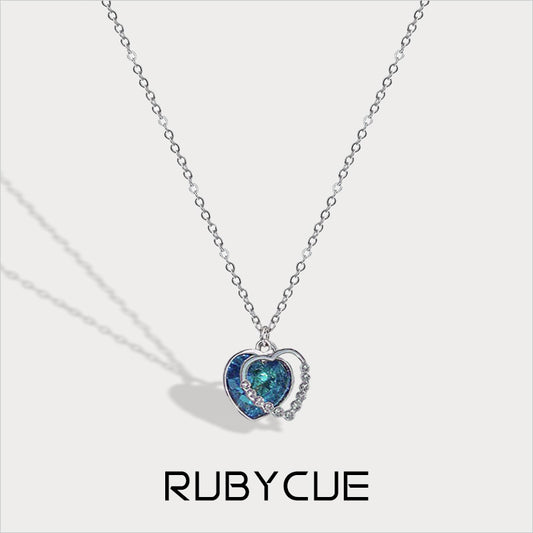 Sterling Silver Crystal Ocean Blue Double Hearts Necklace With Cubic Zirconia