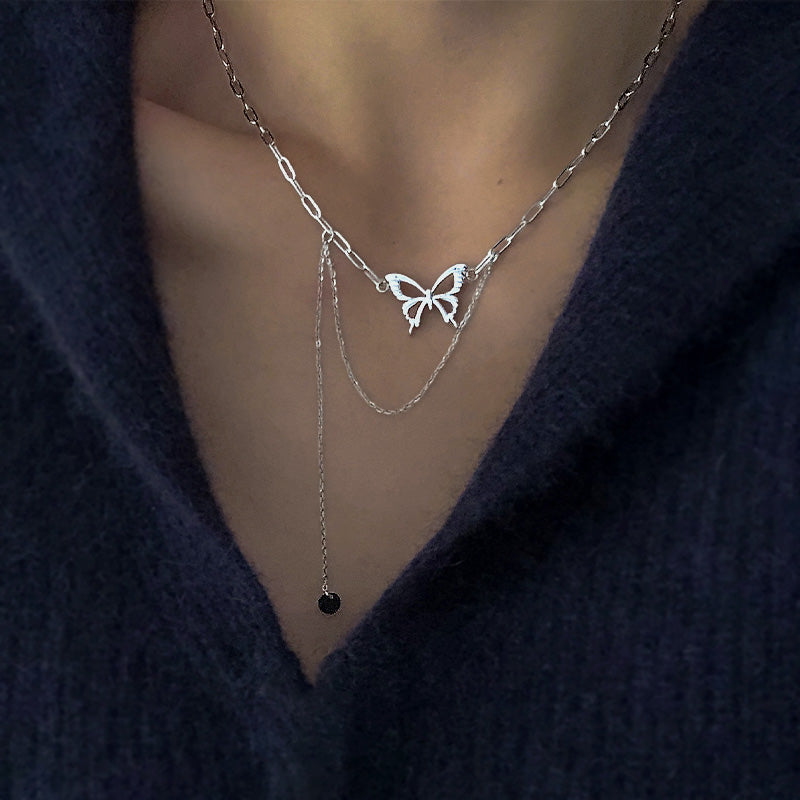 Sterling Silver Link Chain Butterfly Layered Long Necklace