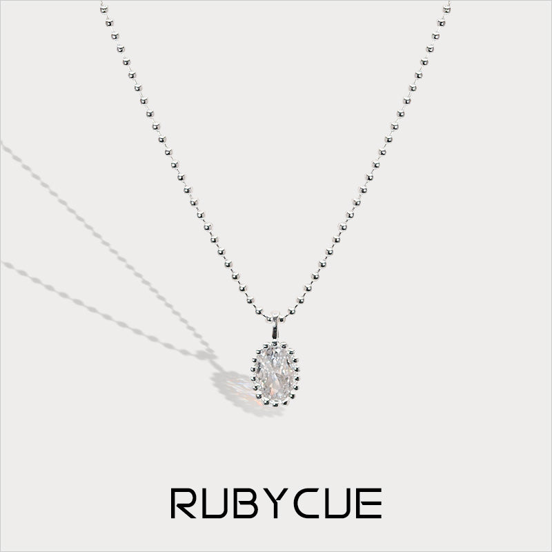 Sterling Silver Ball Chain With Oval Cubic Zirconia Pendant Necklace